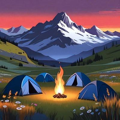 Campfire and Tents in Mountain Landscape