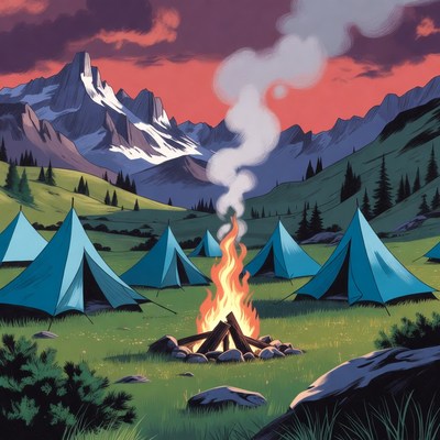 Campfire Amid Blue Tents and Mountains