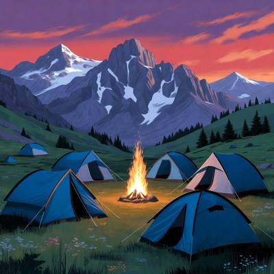 Campfire surrounded by tents in mountains