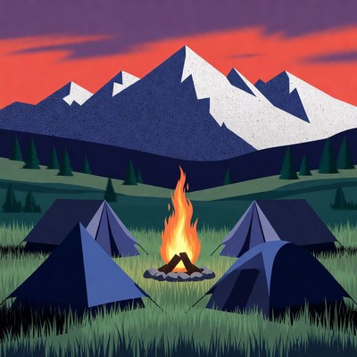 Campfire and Tents in Mountains