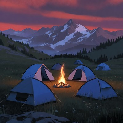 Campfire and Tents in Mountain Sunset