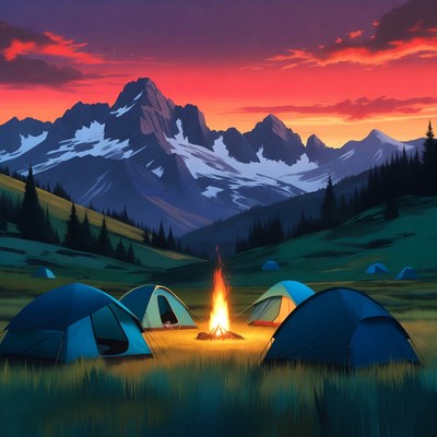 Campfire Tents in Mountain Sunset