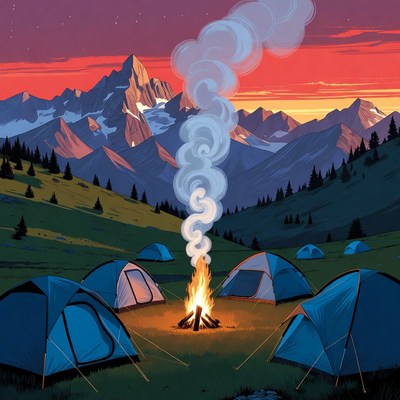 Campfire and Tents in Mountain Sunset