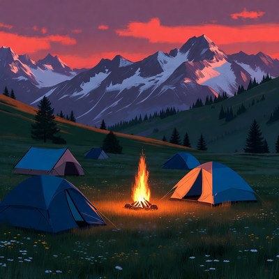 Campfire and Tents in Snowy Mountains