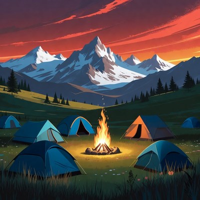 Campfire and Tents in Mountain Valley