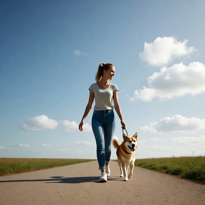 Woman walking Shiba Inu dog