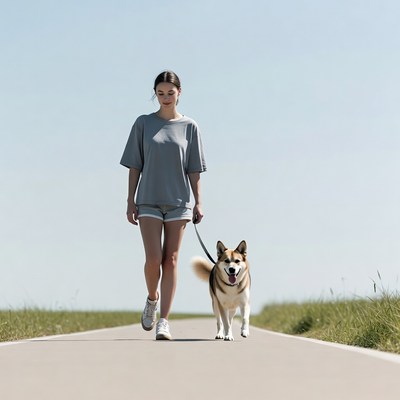 Woman walking dog on path