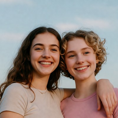 Two smiling teenage girls hugging