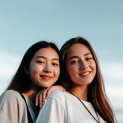 Two Asian girls smiling together