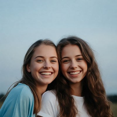 Two smiling teenage girls outdoors