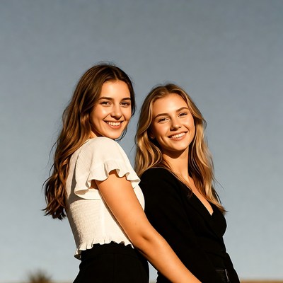 Two smiling women embracing outdoors