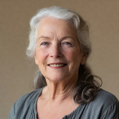Elderly woman smiling with silver hair