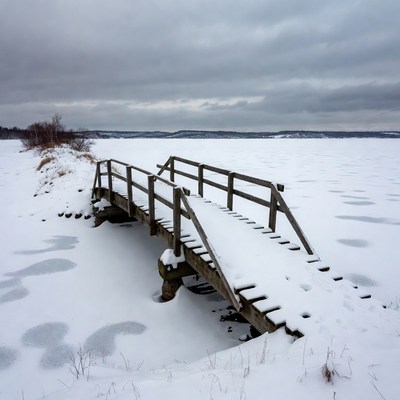 Wooden Bridge Over Frozen Lake
