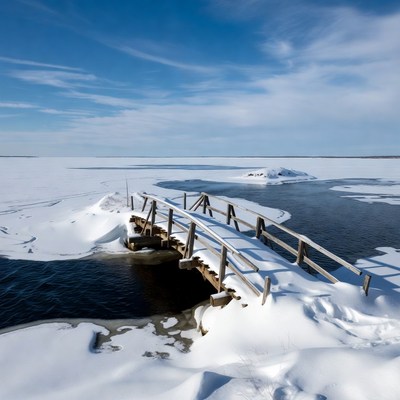 Wooden bridge over frozen lake