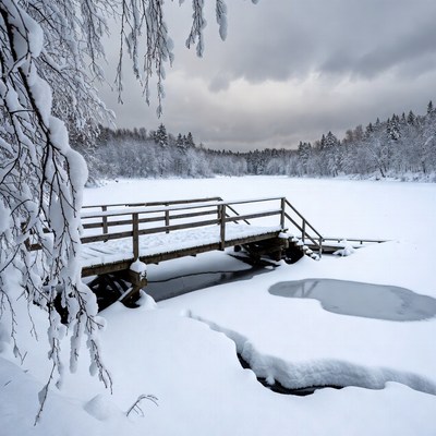 Wooden Bridge Over Snowy Frozen Lake