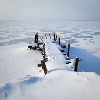 Snowy Wooden Pier on Frozen Lake