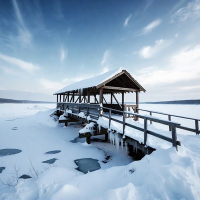 Snowy Wooden Covered Dock on Frozen Lake