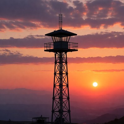 Guard Tower Silhouette at Sunset