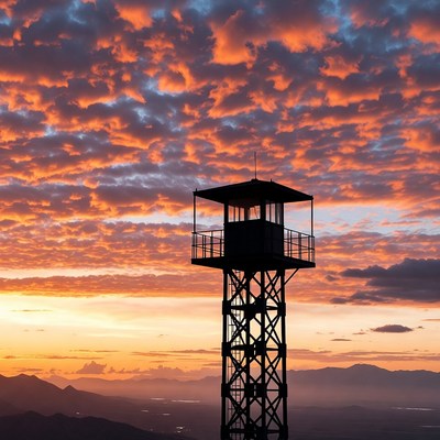 Watchtower silhouetted against sunset mountains