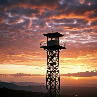 Watchtower at Sunset with Mountains