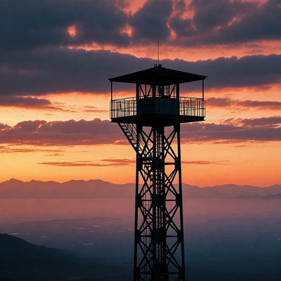 Fire Lookout Tower Silhouette at Sunset