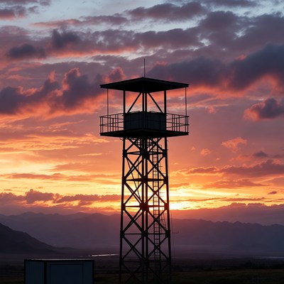 Watchtower silhouetted against sunset
