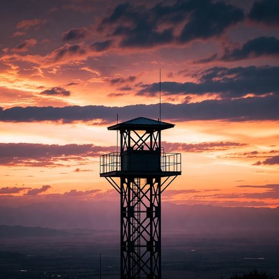 Watchtower silhouetted against sunset