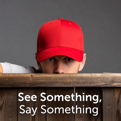 Man peeking over fence saying something