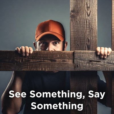 Man peeking over wooden fence