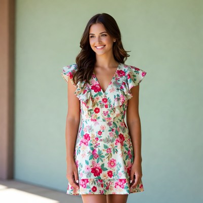 Smiling woman in floral ruffle dress