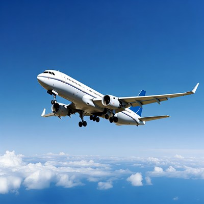 White jet airplane flying over clouds