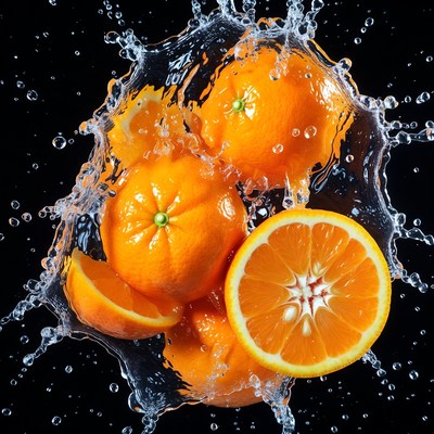 Oranges splashing in water