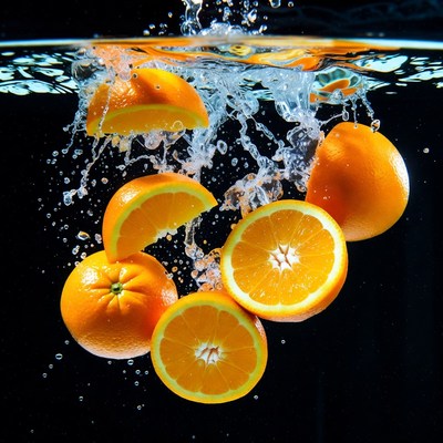 Oranges splashing in water