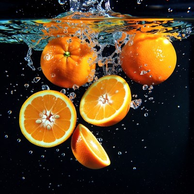 Oranges splashing in water