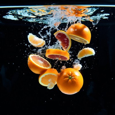 Oranges splashing underwater