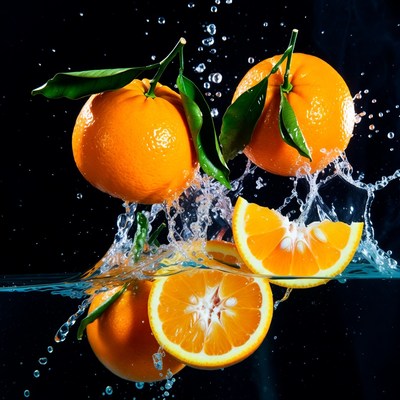 Oranges splashing in water