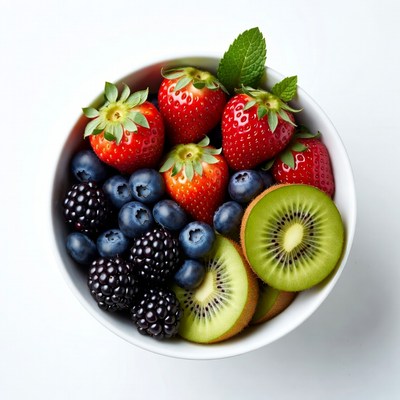 Bowl of Strawberries Blueberries Blackberries Kiwi