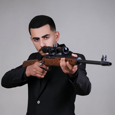 Man aiming sniper rifle in suit