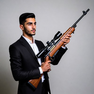 Man in suit holding sniper rifle