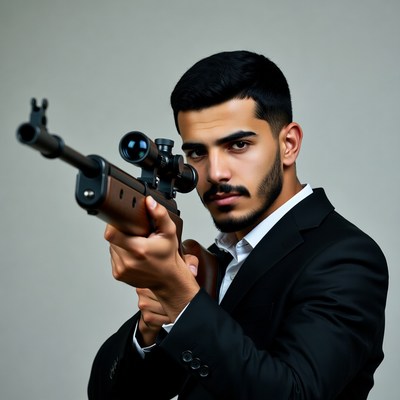 Man aiming air rifle in suit