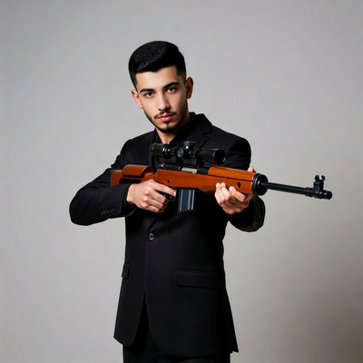 Man in suit holding sniper rifle