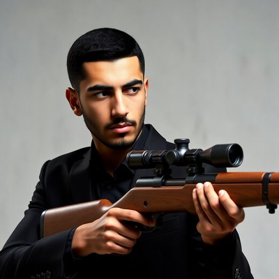 Man aiming sniper rifle in suit