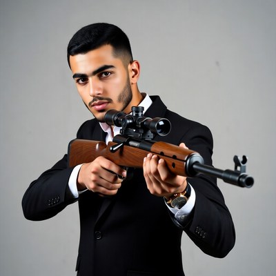 Man in suit holding rifle