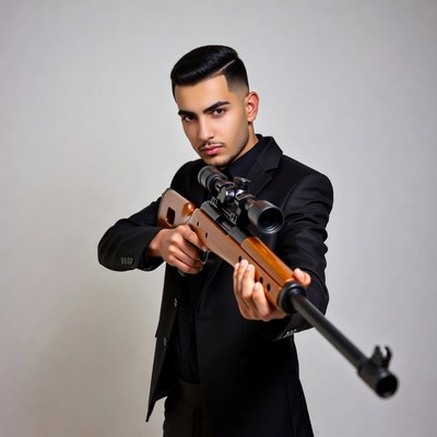 Man aiming sniper rifle in suit
