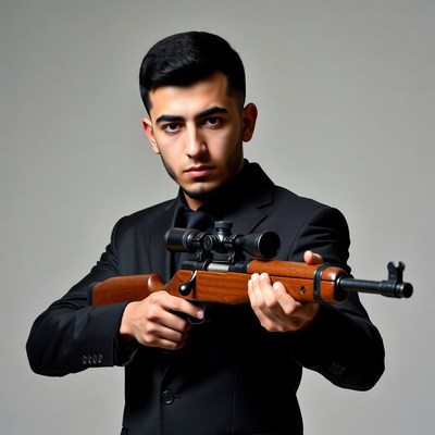 Young man holding rifle in suit