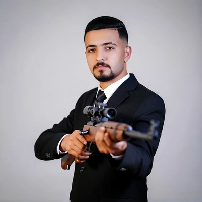 Man in suit holding rifle