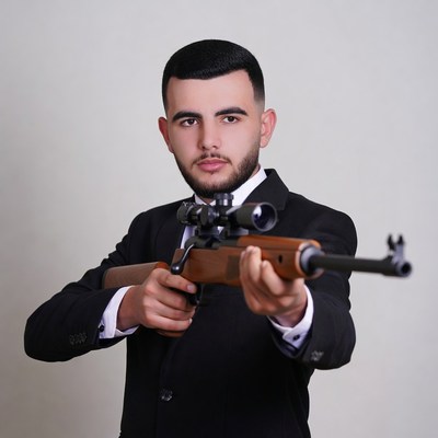 Man in suit holding rifle