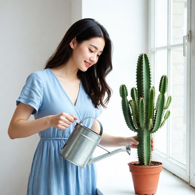 Asian woman watering cactus plant