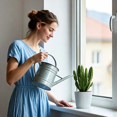 Woman watering cactus plant