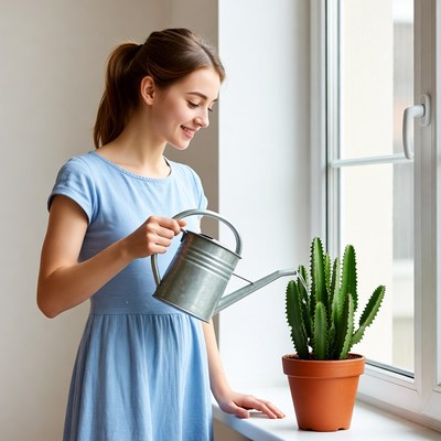 Woman watering cactus by window